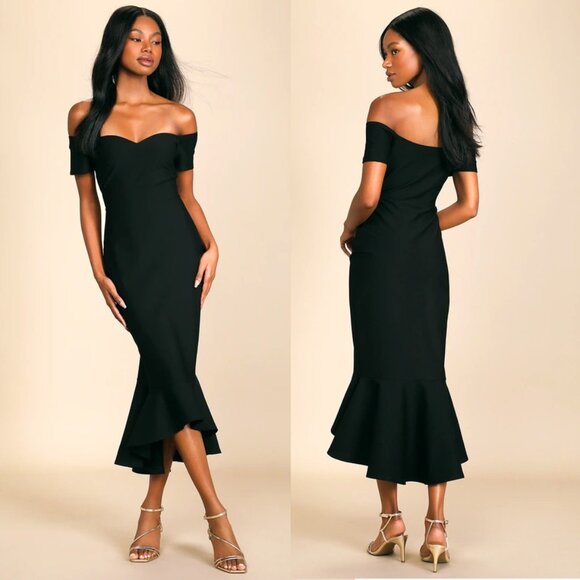 Lulus How Much I Care Off-the-Shoulder Midi Bodycon Dress w/Trumpet Skirt XS - Picture 1 of 6